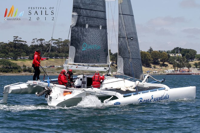 Bare Essentials first home overall and in the Multihull Division, in the Melbourne to Geelong Passage Race - Festival of Sails 2012, Royal Geelong Yacht Club © Teri Dodds/ Festival of Sails http://www.festivalofsails.com.au/